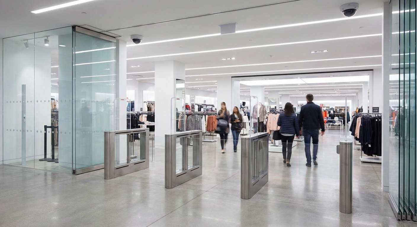 Portiques antivol et cameras de videosurveillance a l entree d un commerce