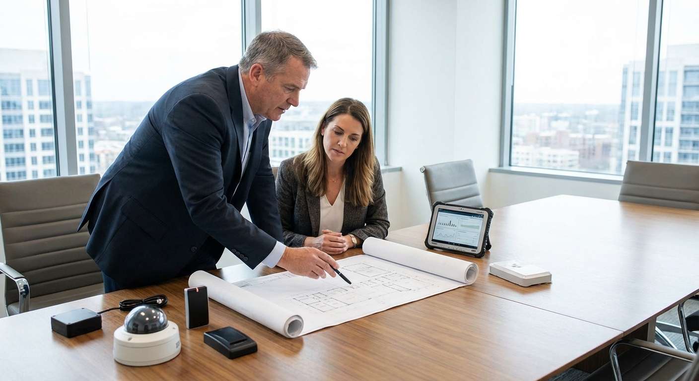 Consultant en sécurité réalisant un audit des besoins en alarme