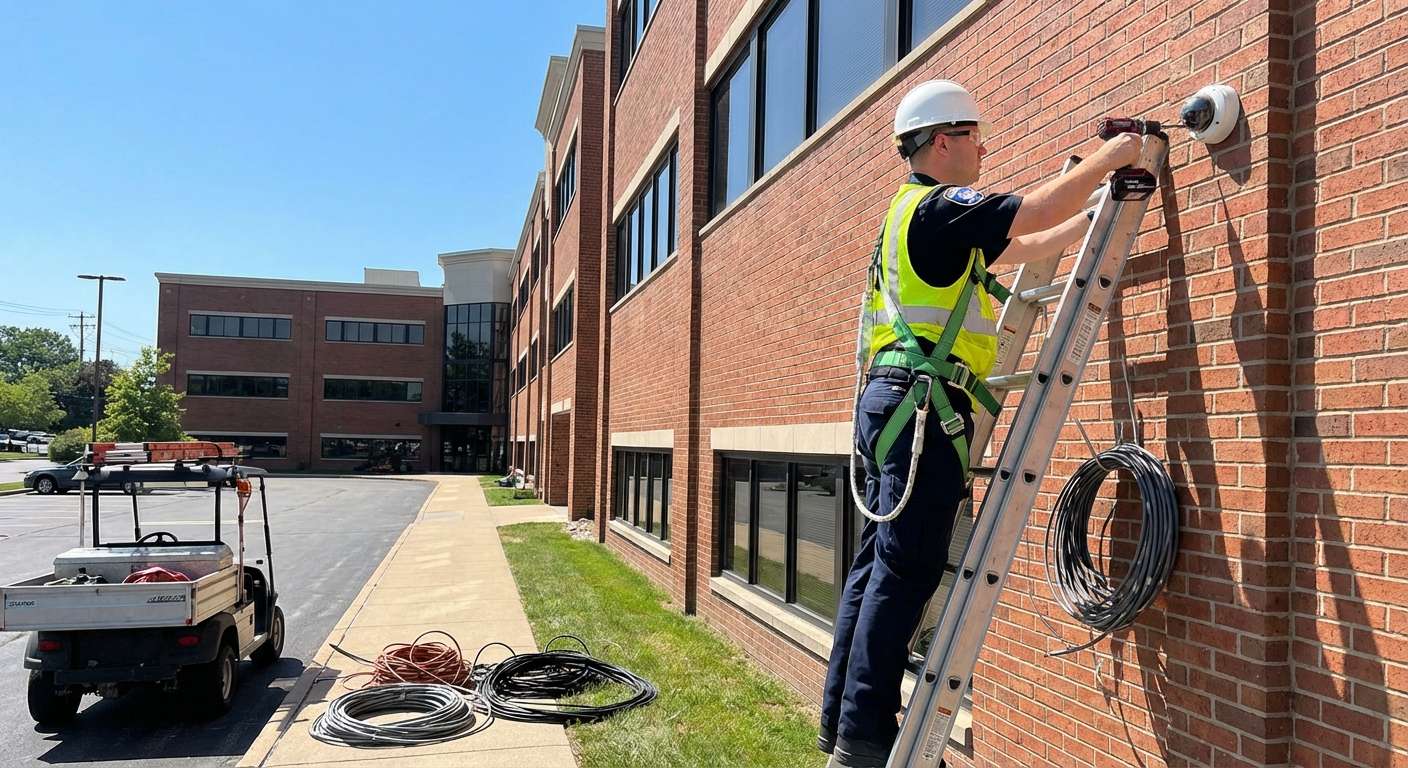 Technicien installant un système de vidéosurveillance sur façade commerciale