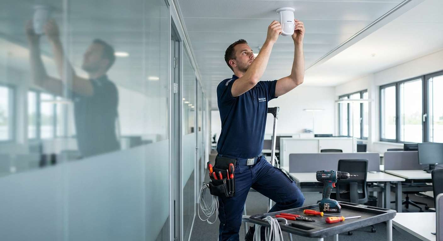 Technicien Connexit installant un systeme d'alarme en entreprise