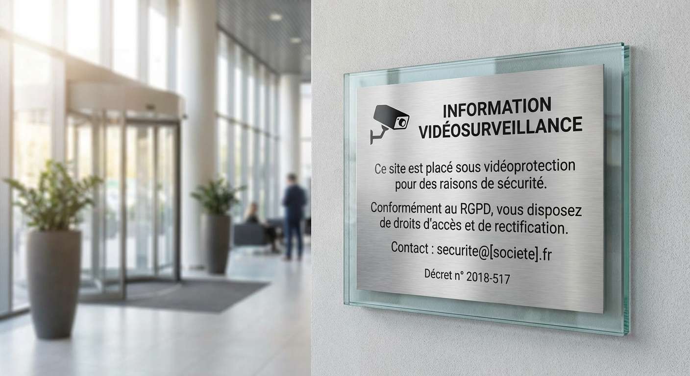 Panneau d'information vidéosurveillance conforme RGPD dans hall d'entreprise