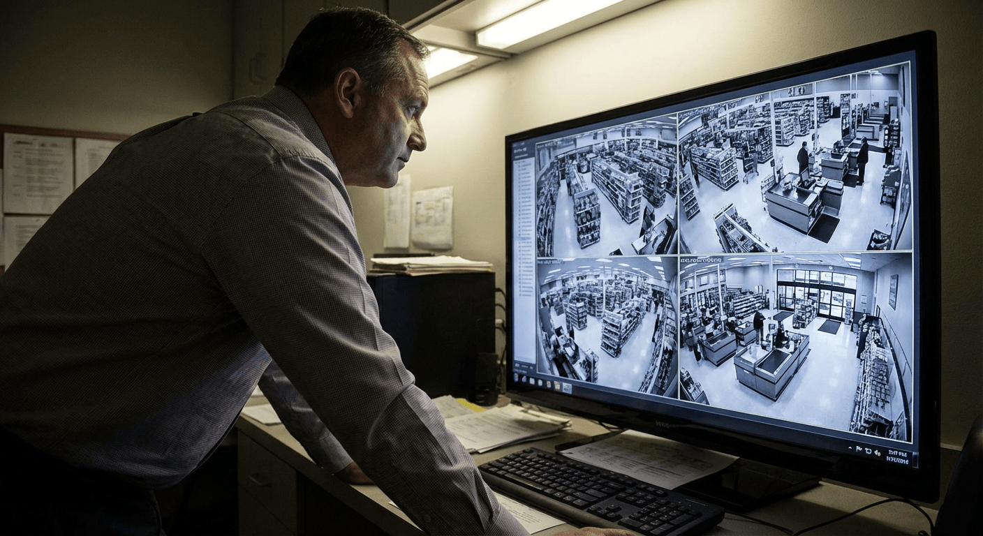 Responsable de magasin analysant les images de vidéosurveillance