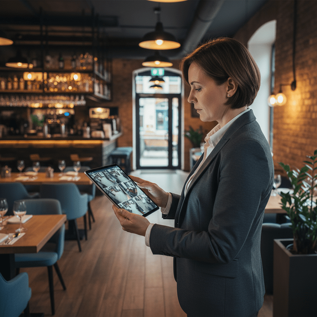 Restaurateur consultant les images de vidéosurveillance sur tablette