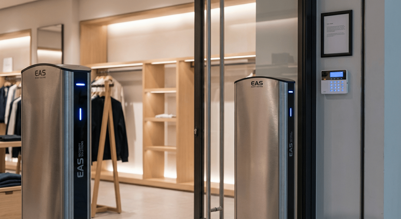 Portiques antivol installés à l'entrée d'une boutique de prêt-à-porter