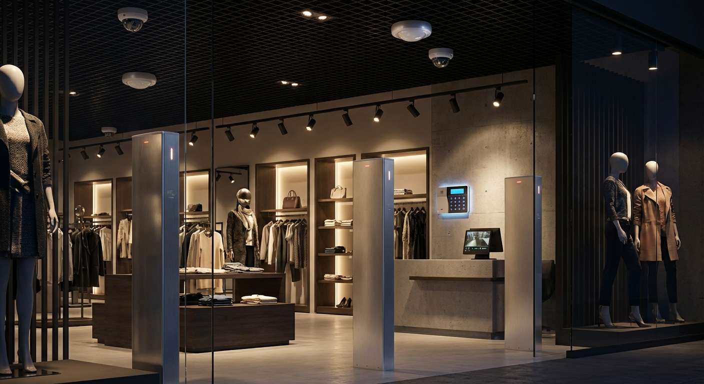 Technicien installant un système de sécurité complet dans un magasin