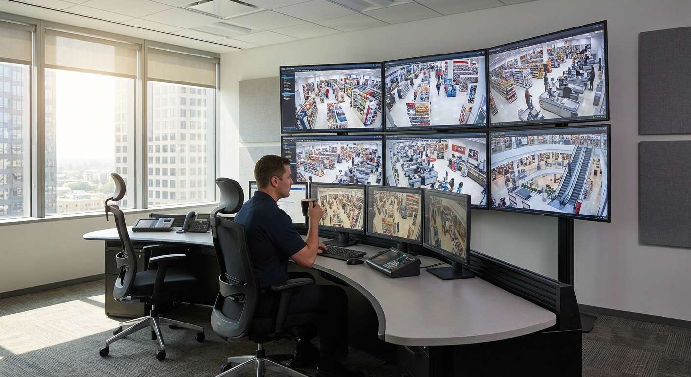 Salle de surveillance vidéo avec écrans de contrôle d'un magasin