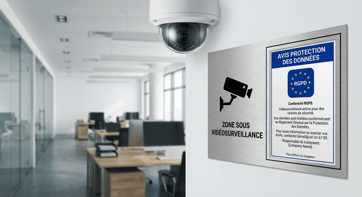 Panneau d'information RGPD affiché à côté d'une caméra de surveillance dans une pharmacie