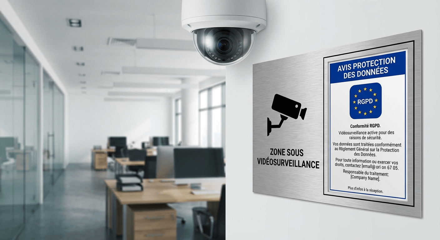 Panneau d'information RGPD affiché à côté d'une caméra de surveillance dans une pharmacie