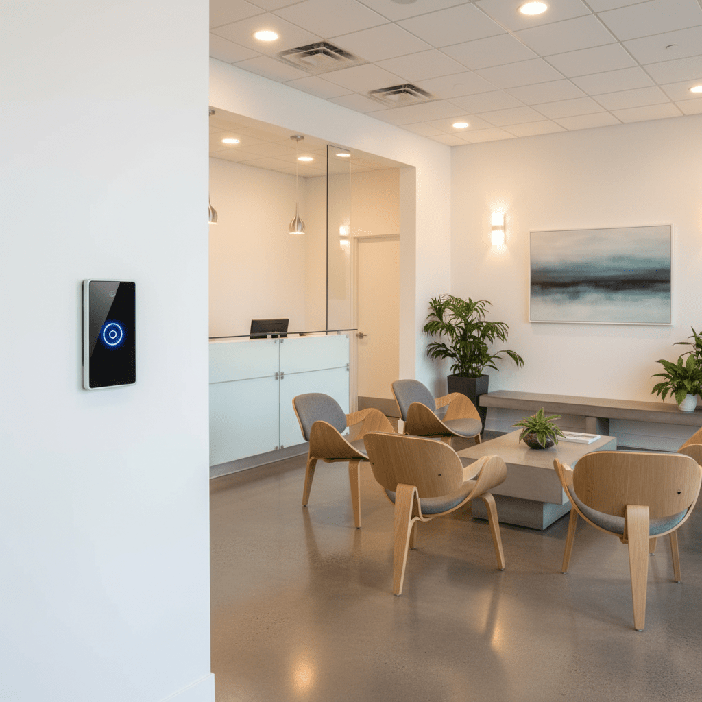 Salle attente cabinet médical avec panneau alarme anti-intrusion discret au mur