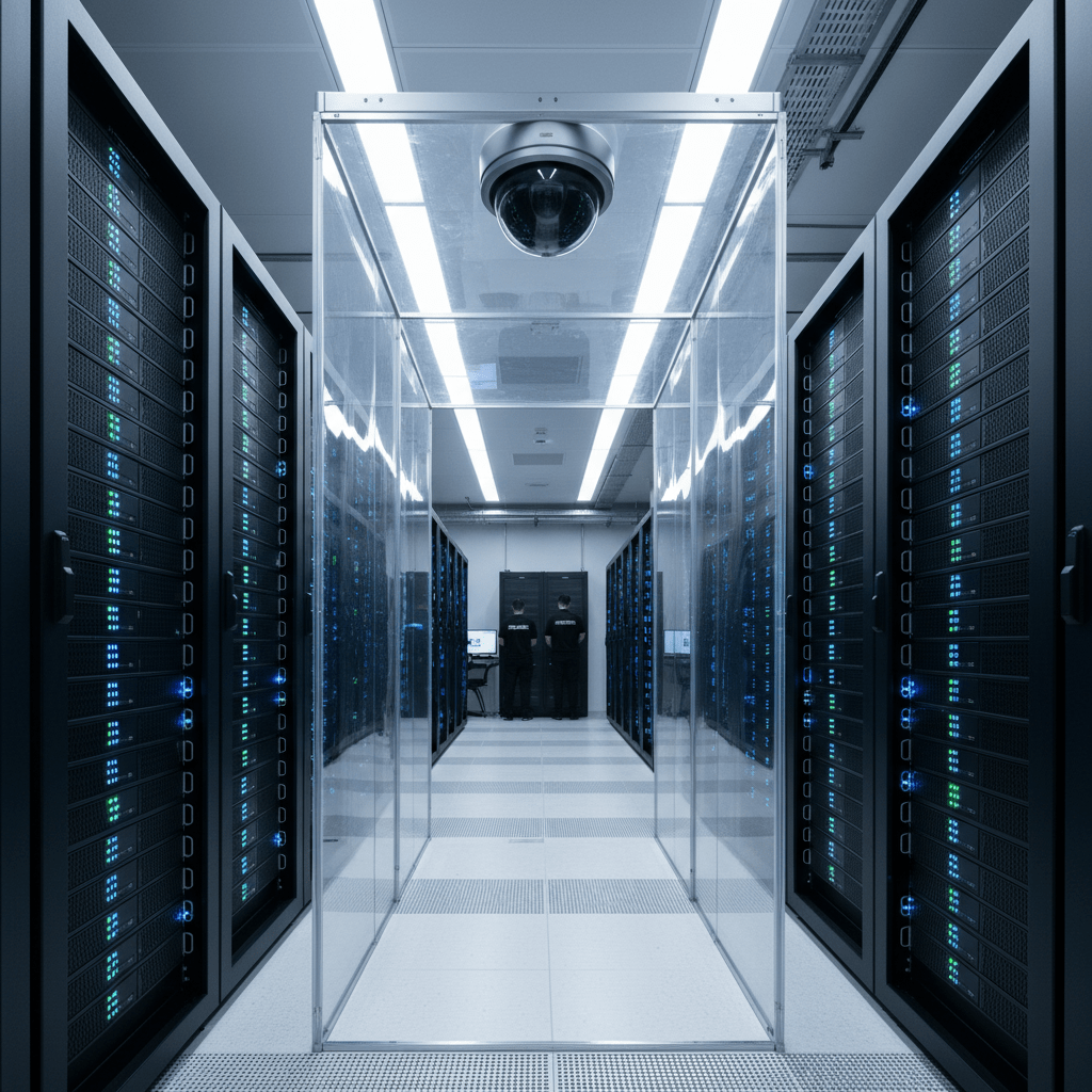 Salle serveurs d'un data center sous vidéosurveillance