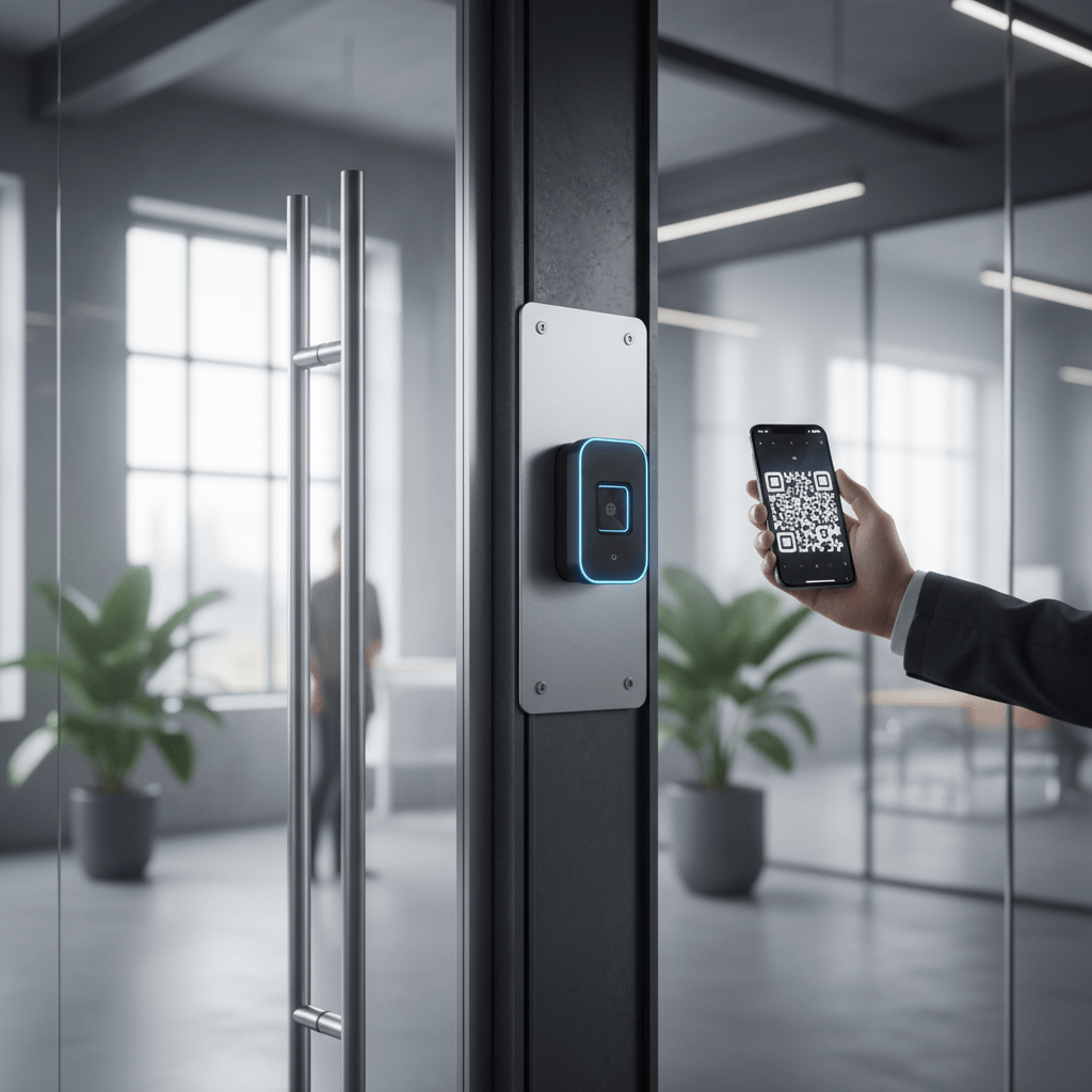 Scanner QR code installé près porte bureau pour contrôle accès par smartphone