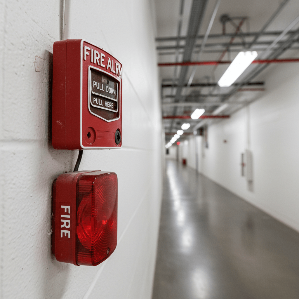 Systeme d alarme incendie rouge installe sur un mur de batiment commercial