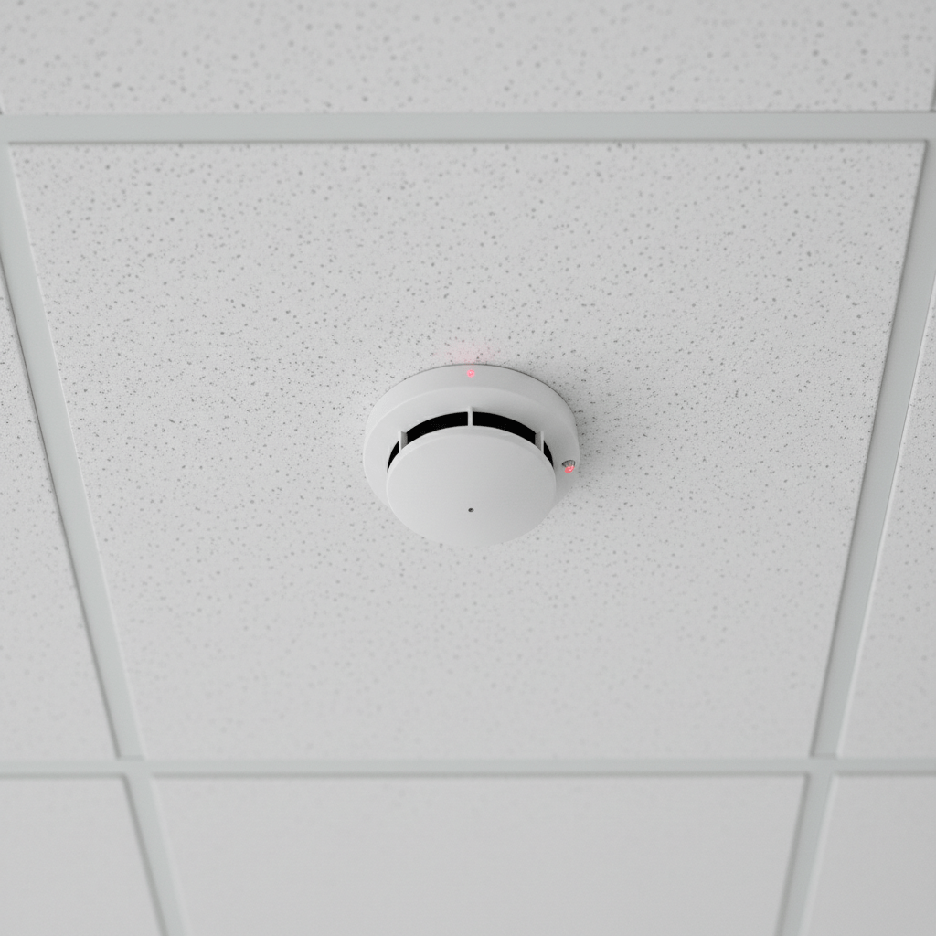 Detecteur de fumee installe au plafond d un bureau moderne