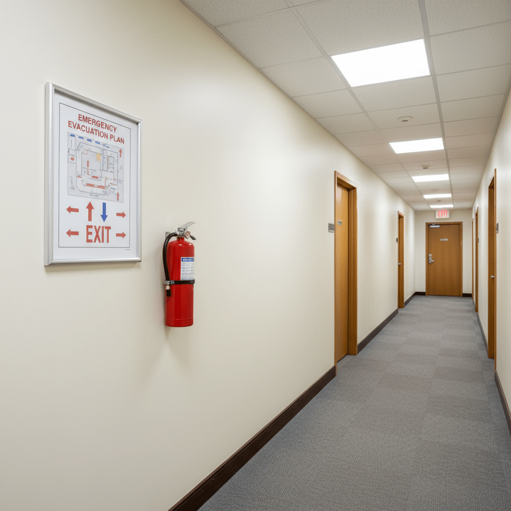 Extincteur et plan d evacuation dans un couloir de bureau