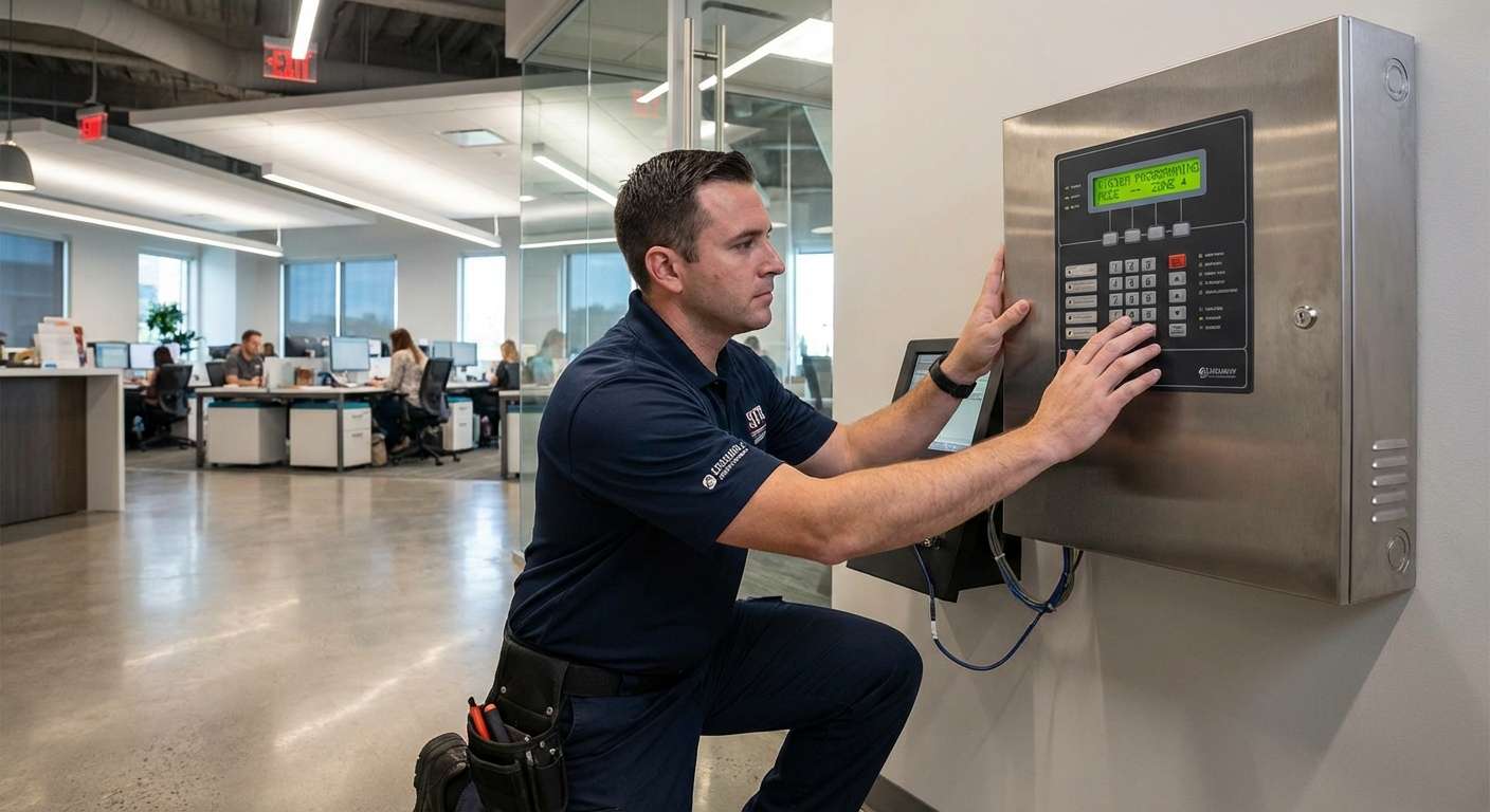 Technicien programmant une centrale d'alarme avec générateur de brouillard