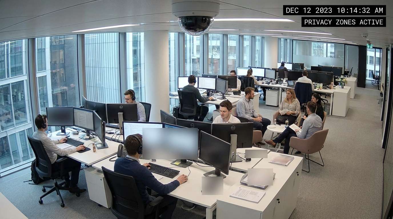 Caméra de surveillance dans un espace de bureau avec placement conforme
