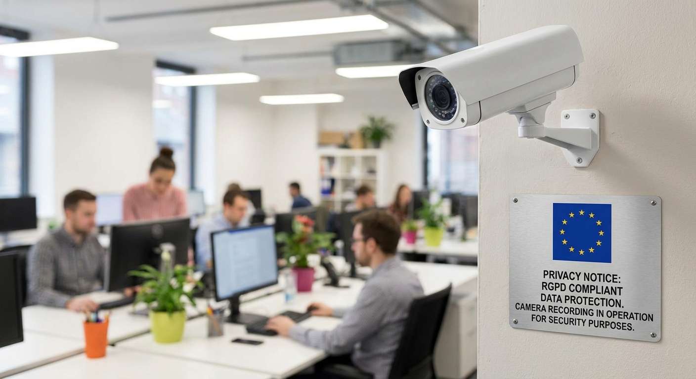 Caméra de surveillance avec panneau d'information RGPD sur la vie privée