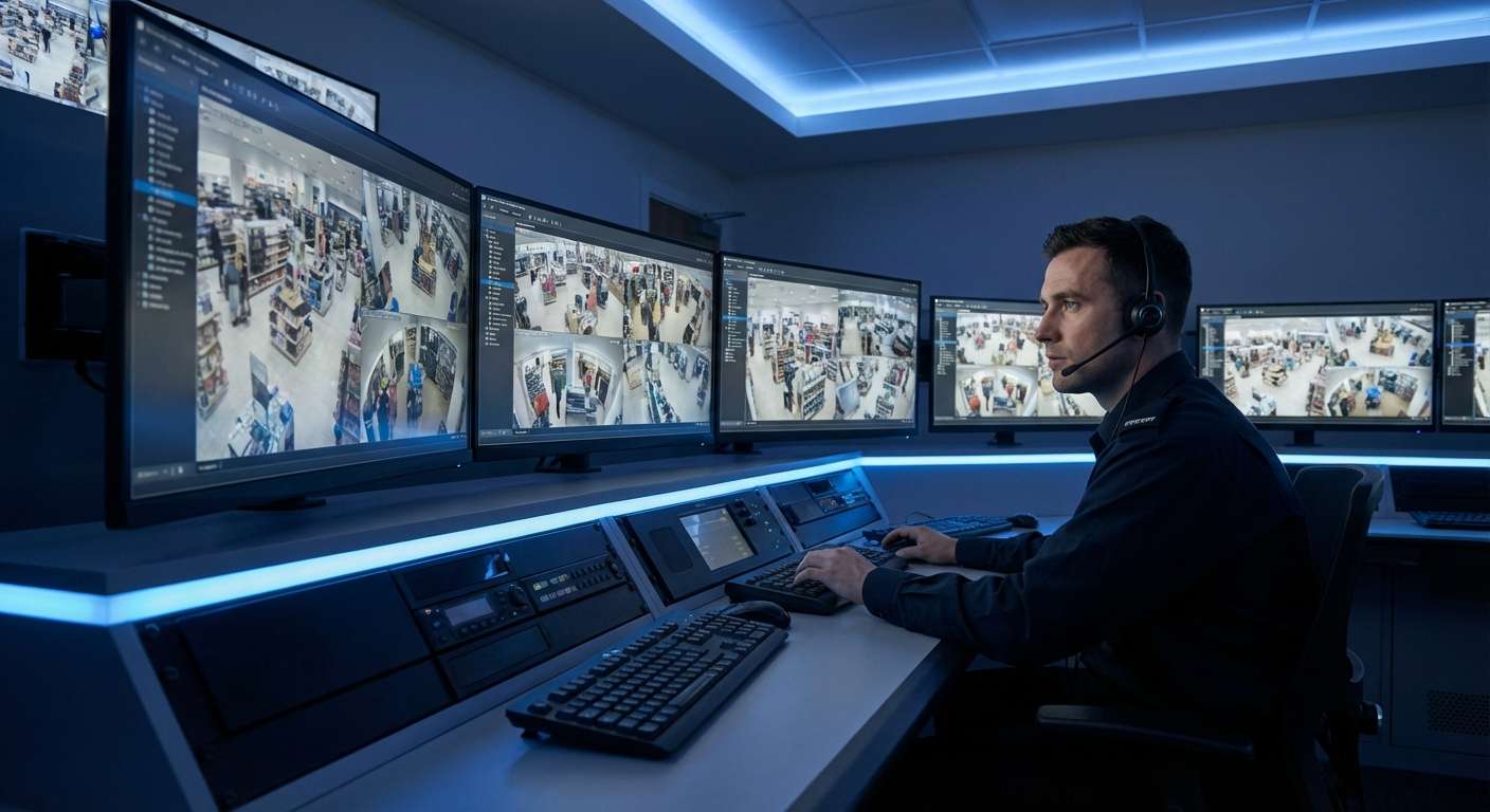 Salle de contrôle vidéosurveillance avec écrans de monitoring commerce