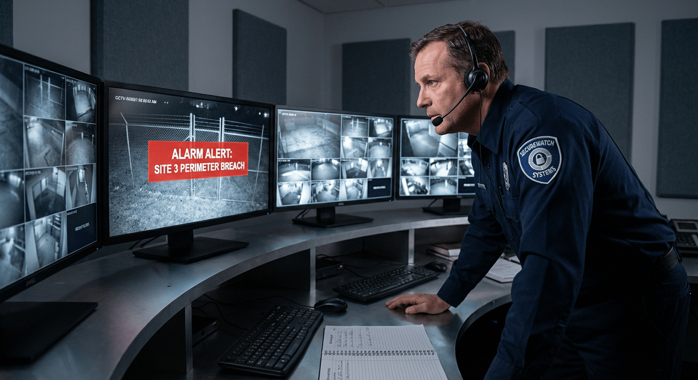 Operateur de centre de télésurveillance devant des ecrans de surveillance