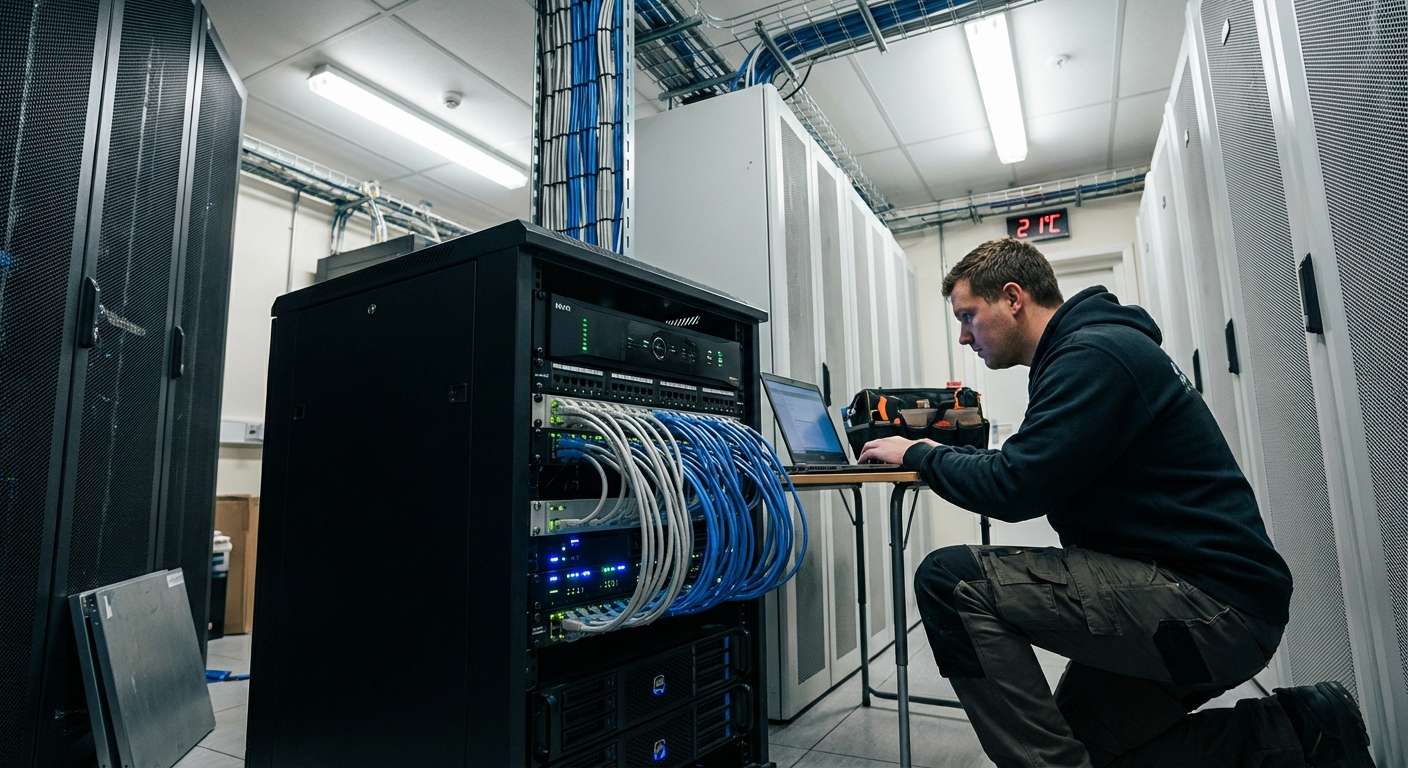 Technicien configurant un enregistreur vidéo NVR en salle serveur