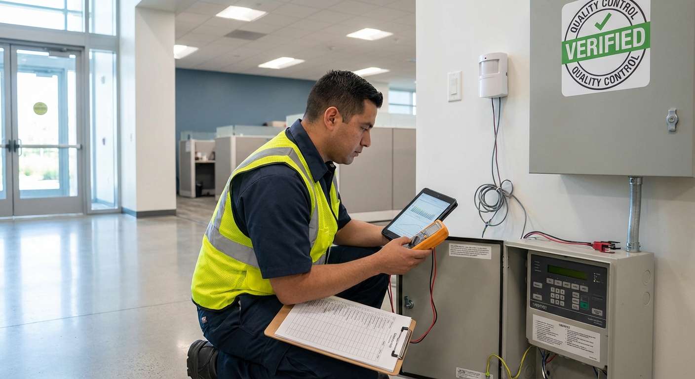 Technicien de sécurité testant un système d'alarme professionnel