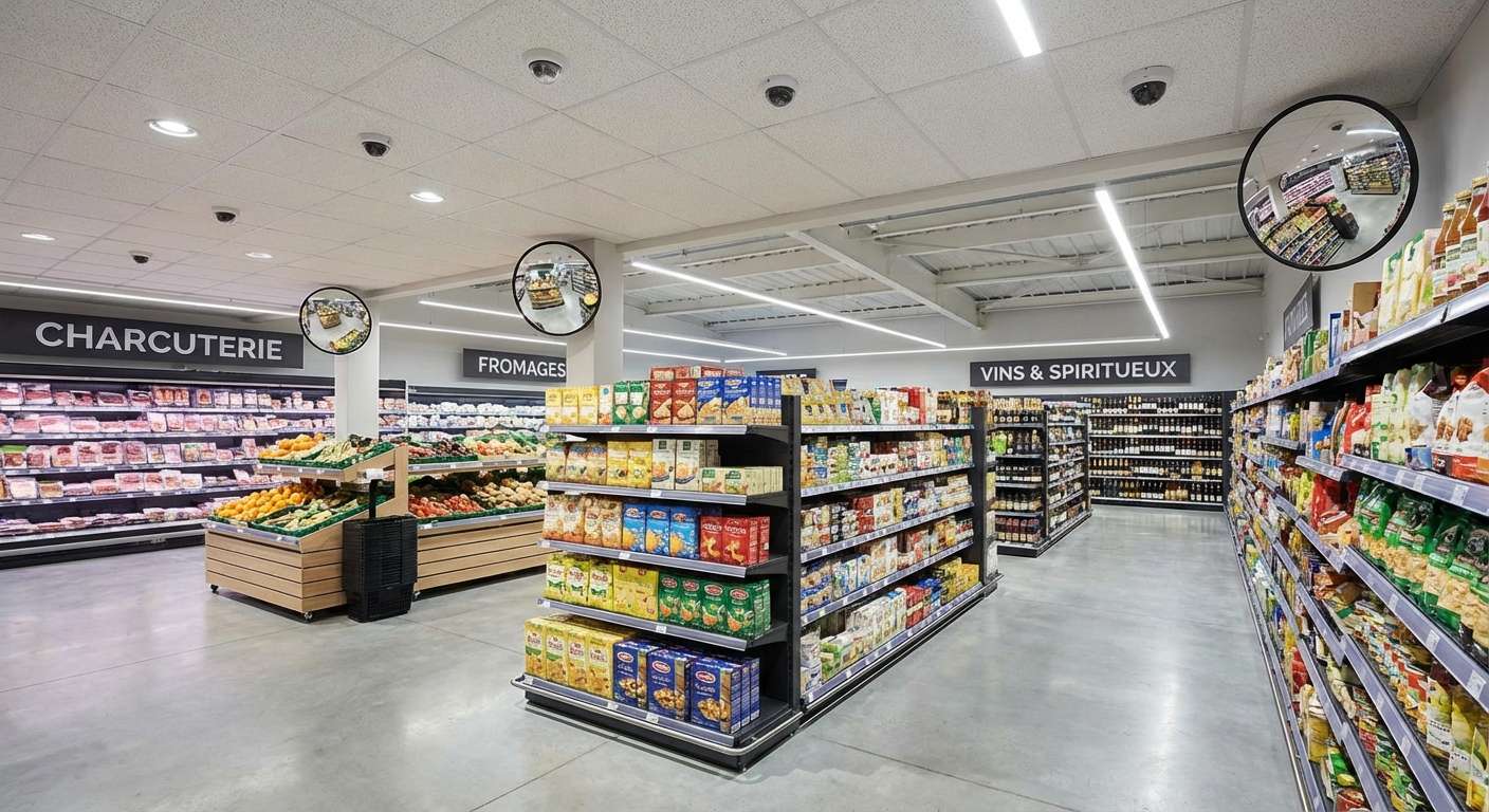 Caméras dôme discrètes et miroirs convexes dans les allées d’un supermarché