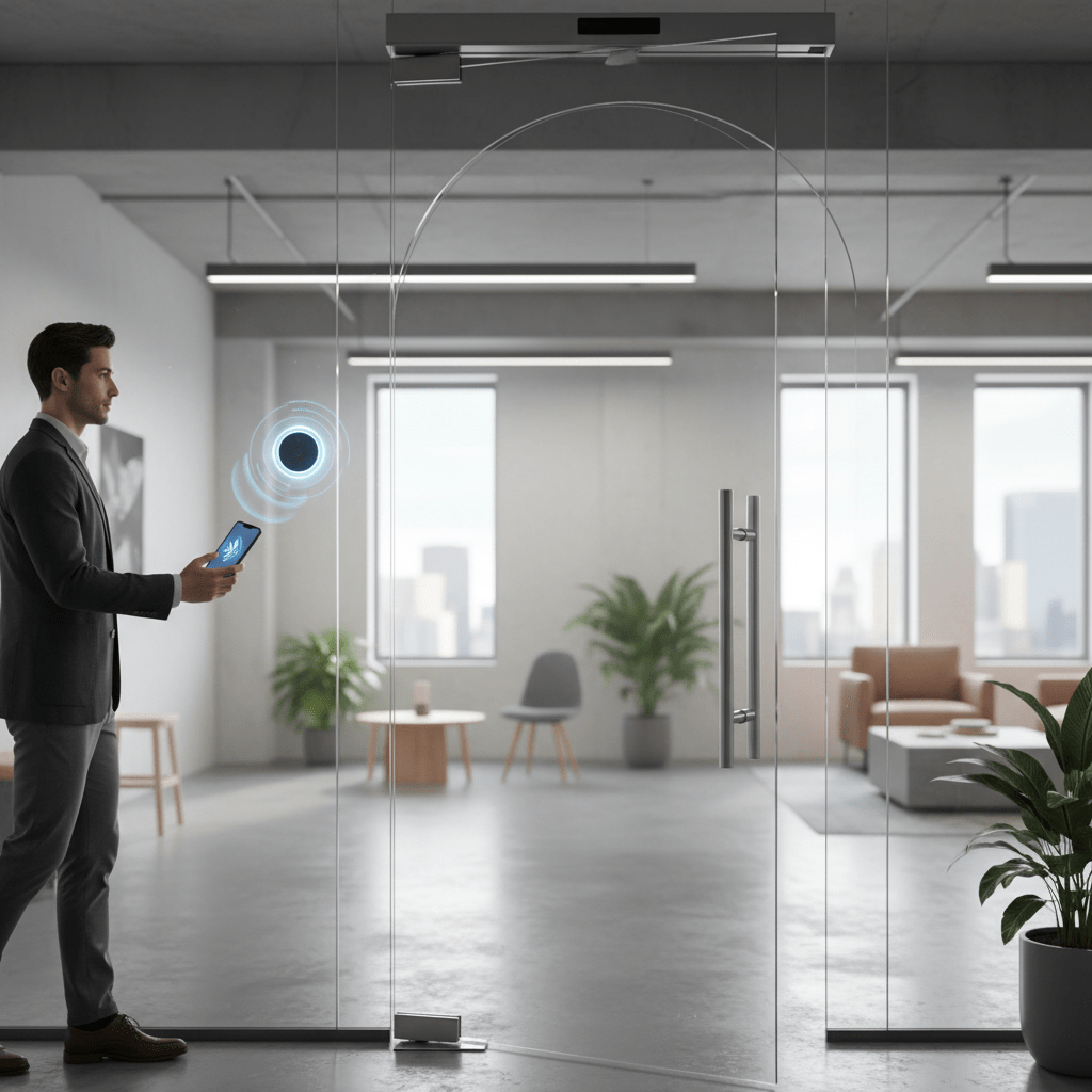 Système déverrouillage Bluetooth par proximité sur porte vitrée espace coworking