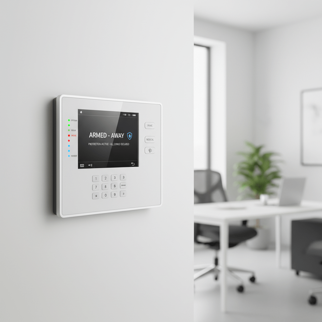 Panneau de controle d un systeme de securite professionnel installe au mur