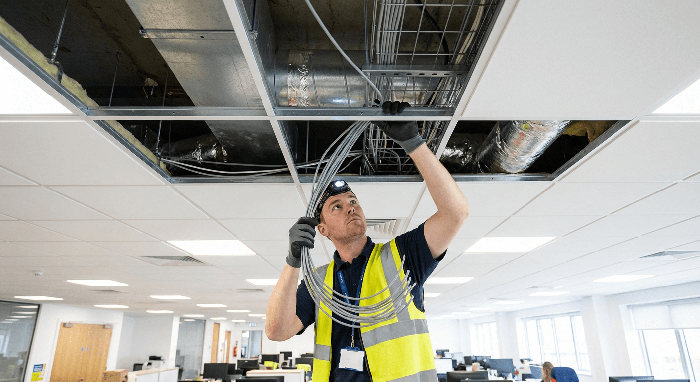 Technicien tirant des câbles de sécurité pour une installation d'alarme filaire