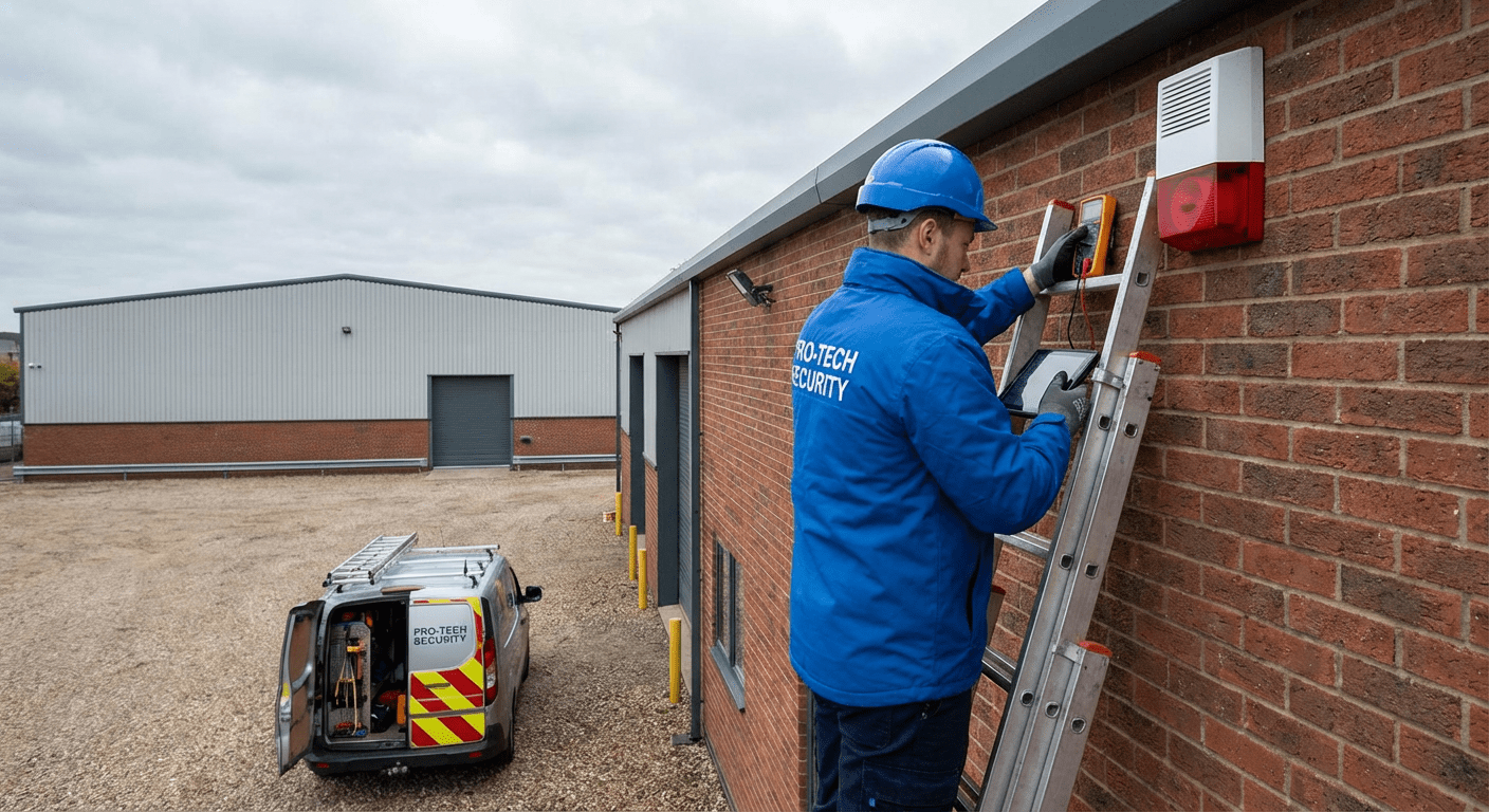 Technicien testant une sirène extérieure d'alarme intrusion sur la façade d'un bâtiment