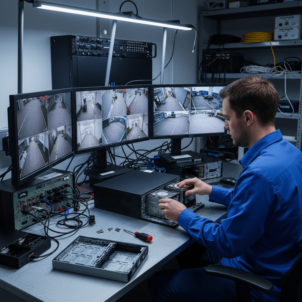 Technicien en train de configurer un enregistreur NVR pour système vidéosurveillance professionnel