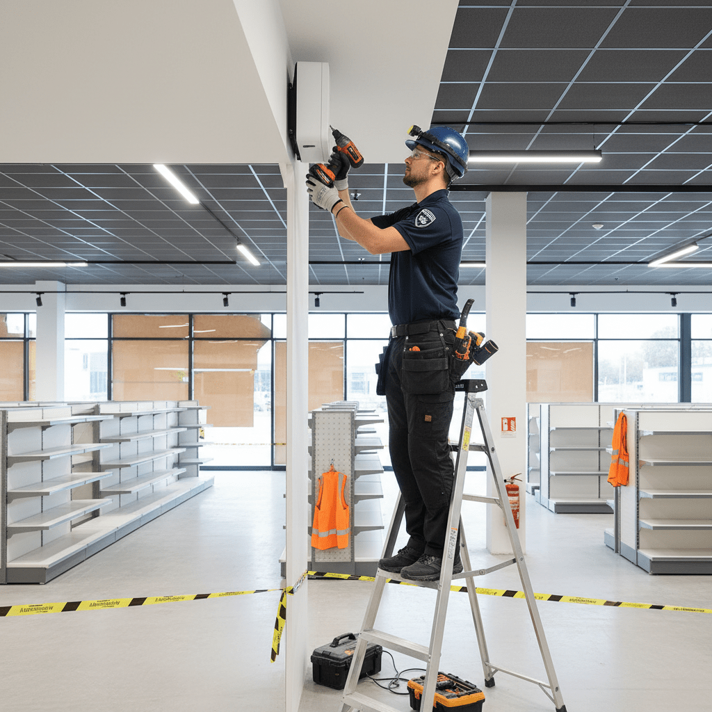 Technicien installant un canon a brouillard de securite
