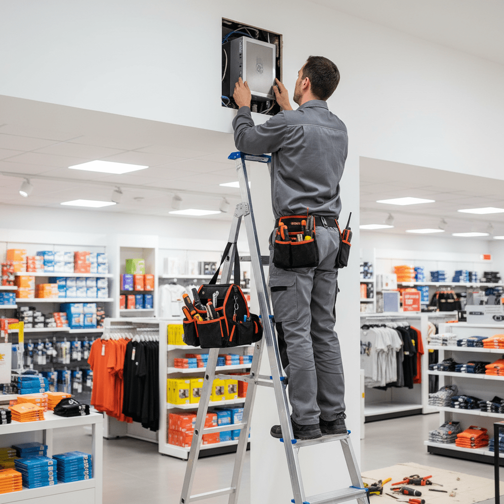 Technicien installant un generateur de brouillard dans un magasin