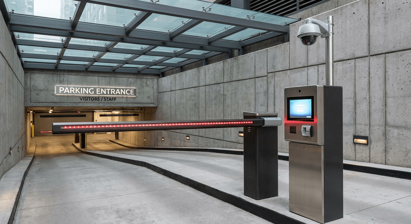 Barri&egrave;re levante automatique &agrave; l'entr&eacute;e d'un parking professionnel