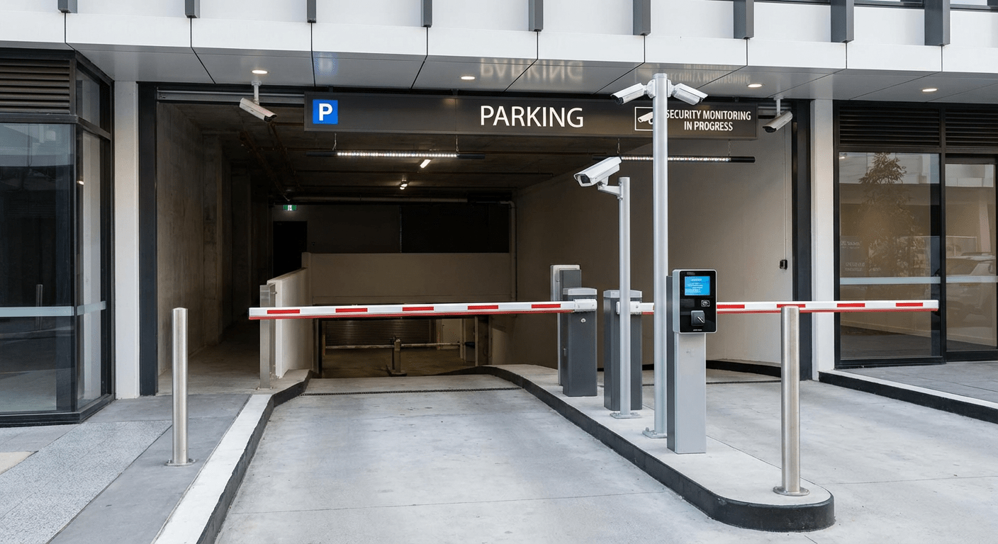 Borne lecteur de badge &agrave; l'entr&eacute;e d'un parking d'entreprise
