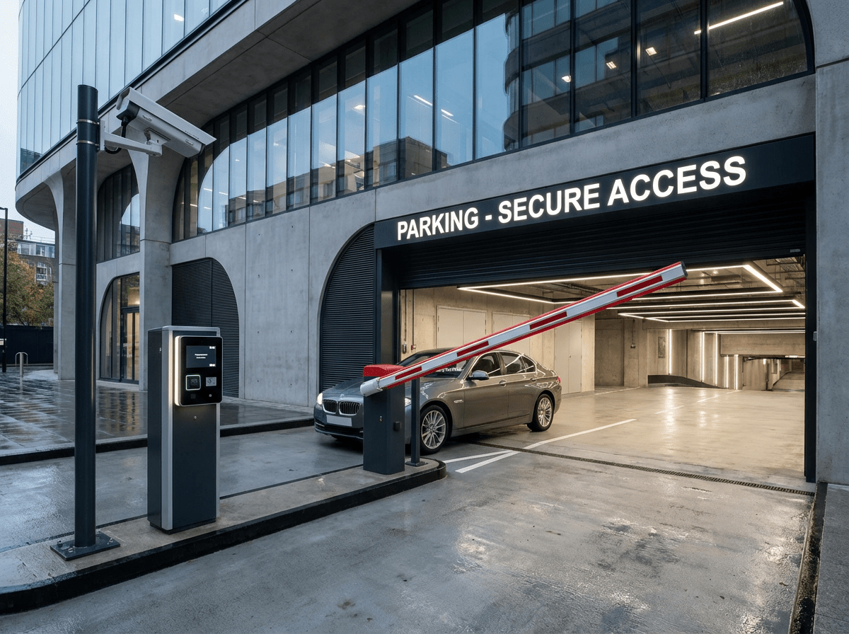 Cam&eacute;ra de reconnaissance de plaques d'immatriculation &agrave; l'entr&eacute;e d'un parking