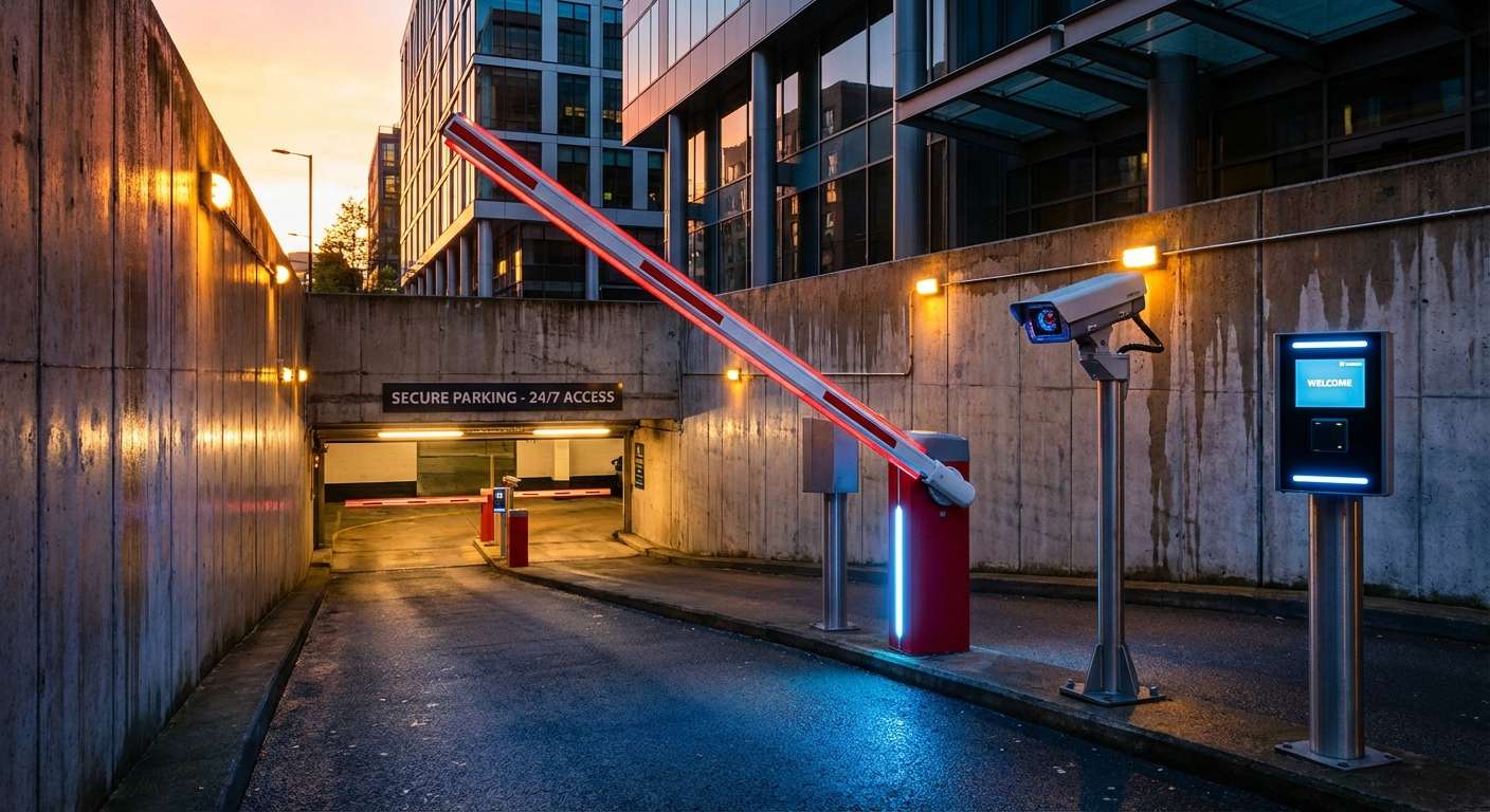 Syst&egrave;me complet de contr&ocirc;le d'acc&egrave;s parking avec lecteur, cam&eacute;ra et barri&egrave;re