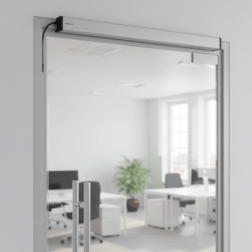 Ventouse magnétique installée sur une porte vitrée de bureau pour le contrôle d'accès