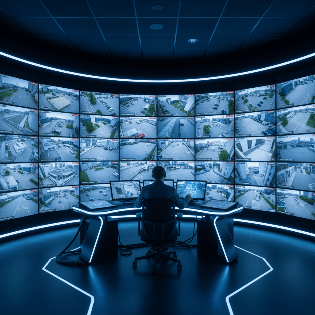 Centre d operations de securite intelligent avec ecrans de surveillance multiples