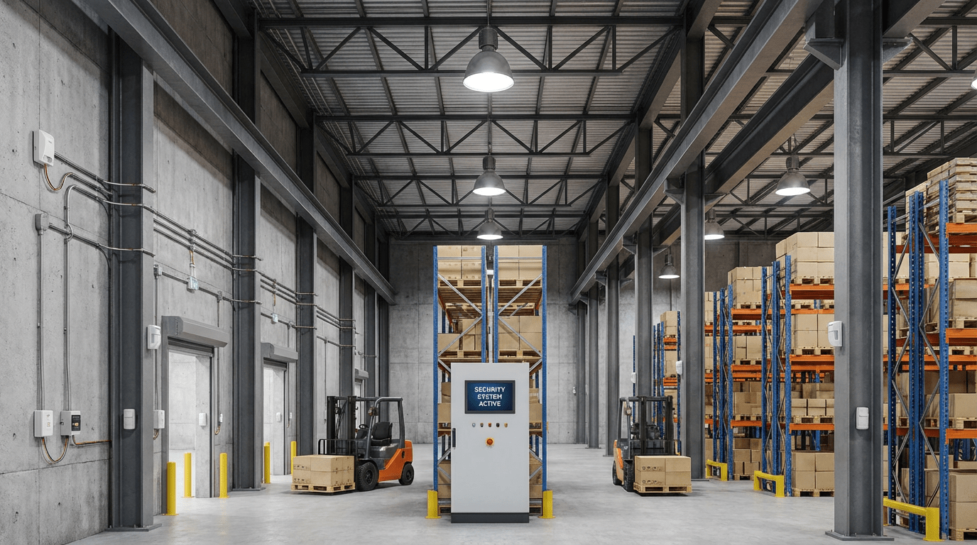 Intérieur d'entrepôt équipé d'un système d'alarme hybride filaire et sans fil