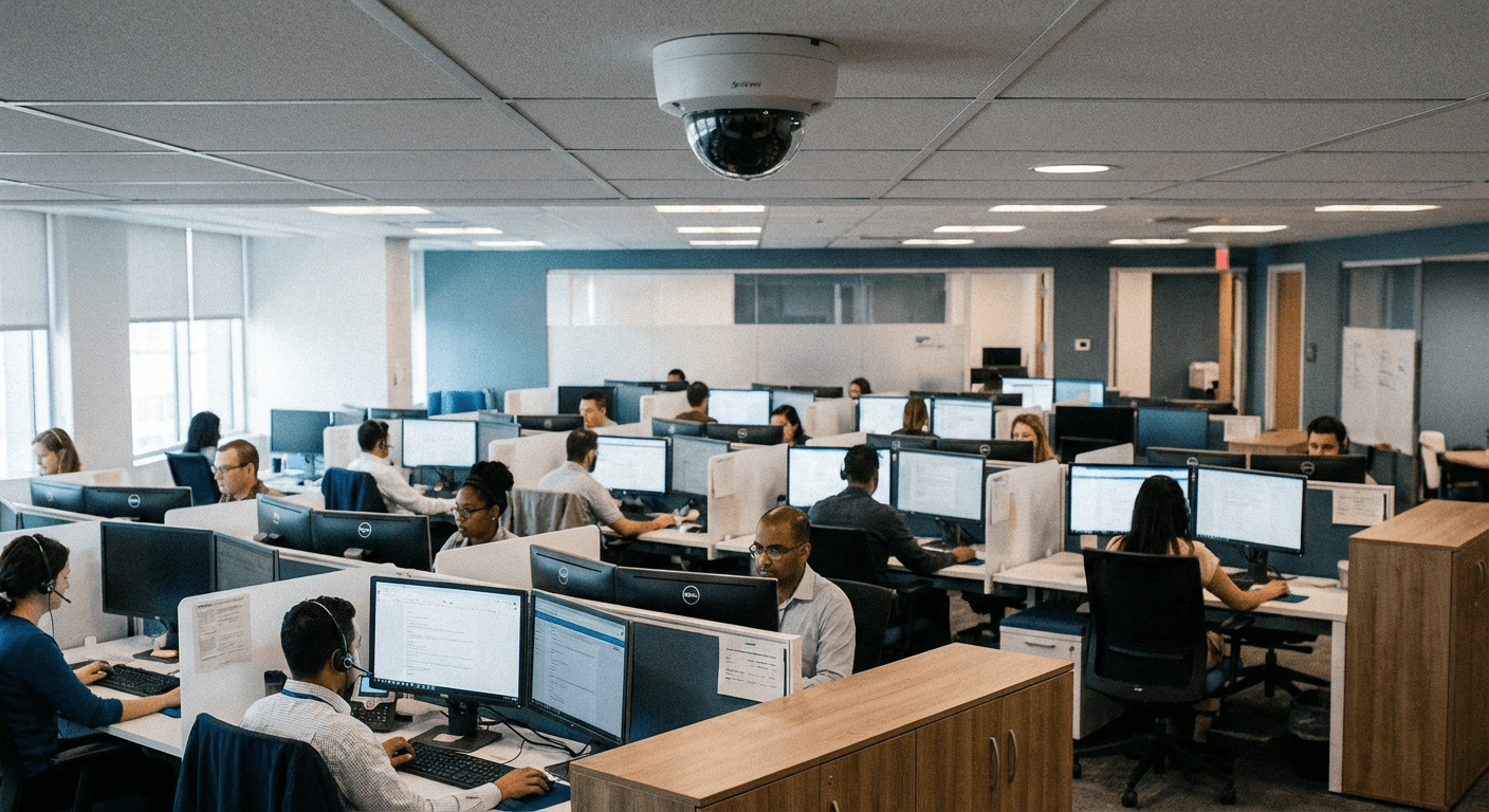 Open space de bureau avec syst&egrave;me de vid&eacute;osurveillance discret