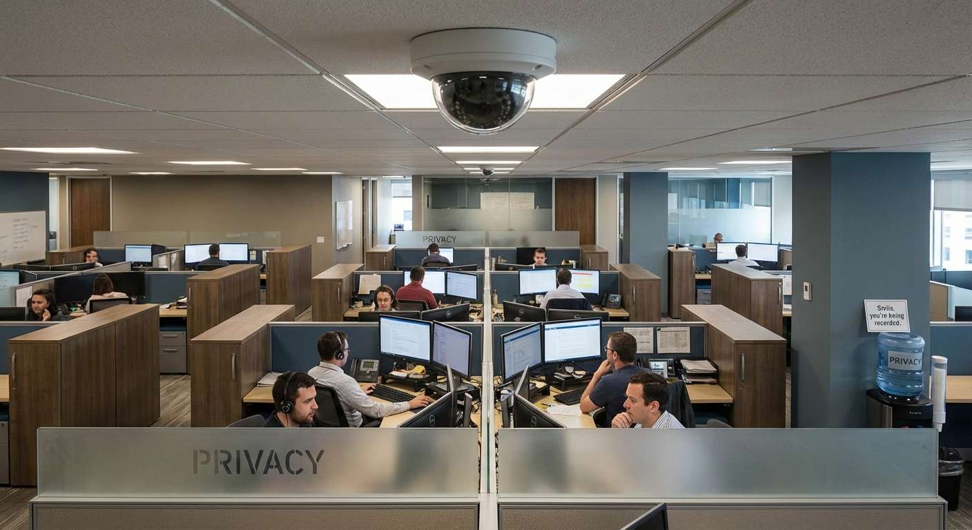 Cam&eacute;ra de surveillance install&eacute;e au plafond d'un bureau
