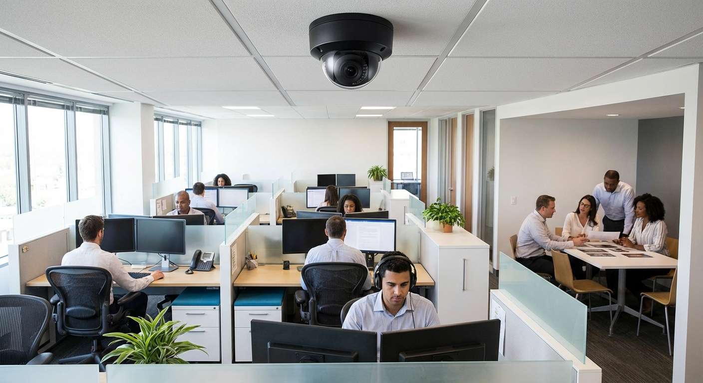 Employ&eacute;s dans un espace de travail &eacute;quip&eacute; de vid&eacute;osurveillance