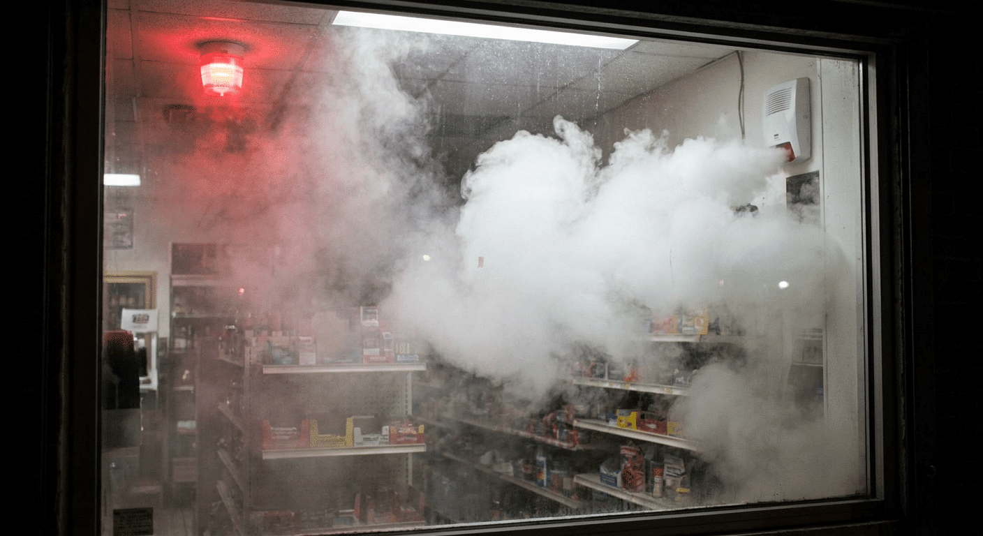 Brouillard anti-cambriolage dans un commerce